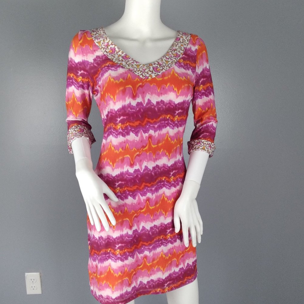 VERTIGO Womens Sheath Dress Size S Orange and Purple Tie Dye with Floral Trim